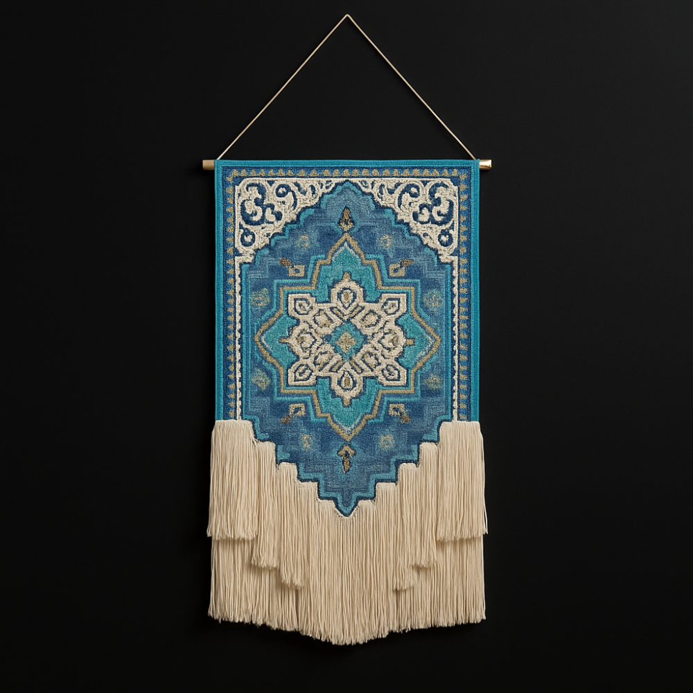 Aqua & Ivory Floral Macrame Wall Hanging, Blue Cotton Woven Flower Tapestry