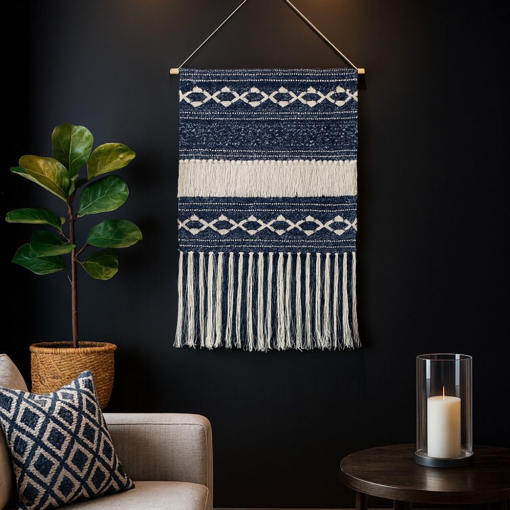 Denim Blue & White Macrame Tapestry, Geometric Woven Wall Hanging,
