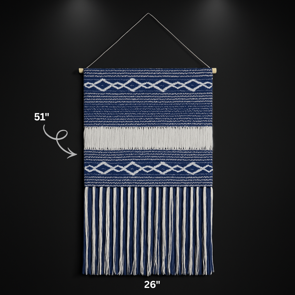 Denim Blue & White Macrame Tapestry, Geometric Woven Wall Hanging,
