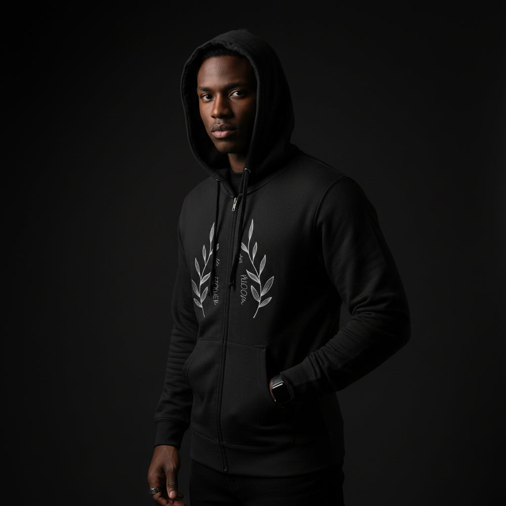 Laurel Branch Zip-Up Hoodie — Minimal Botanical Green Fleece Hoodie