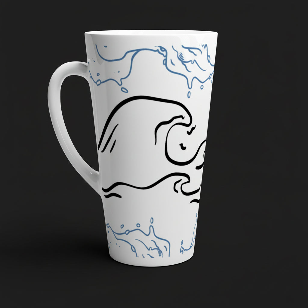 White ceramic mug with black and blue wave designs on a black background - Hadi Craft USA