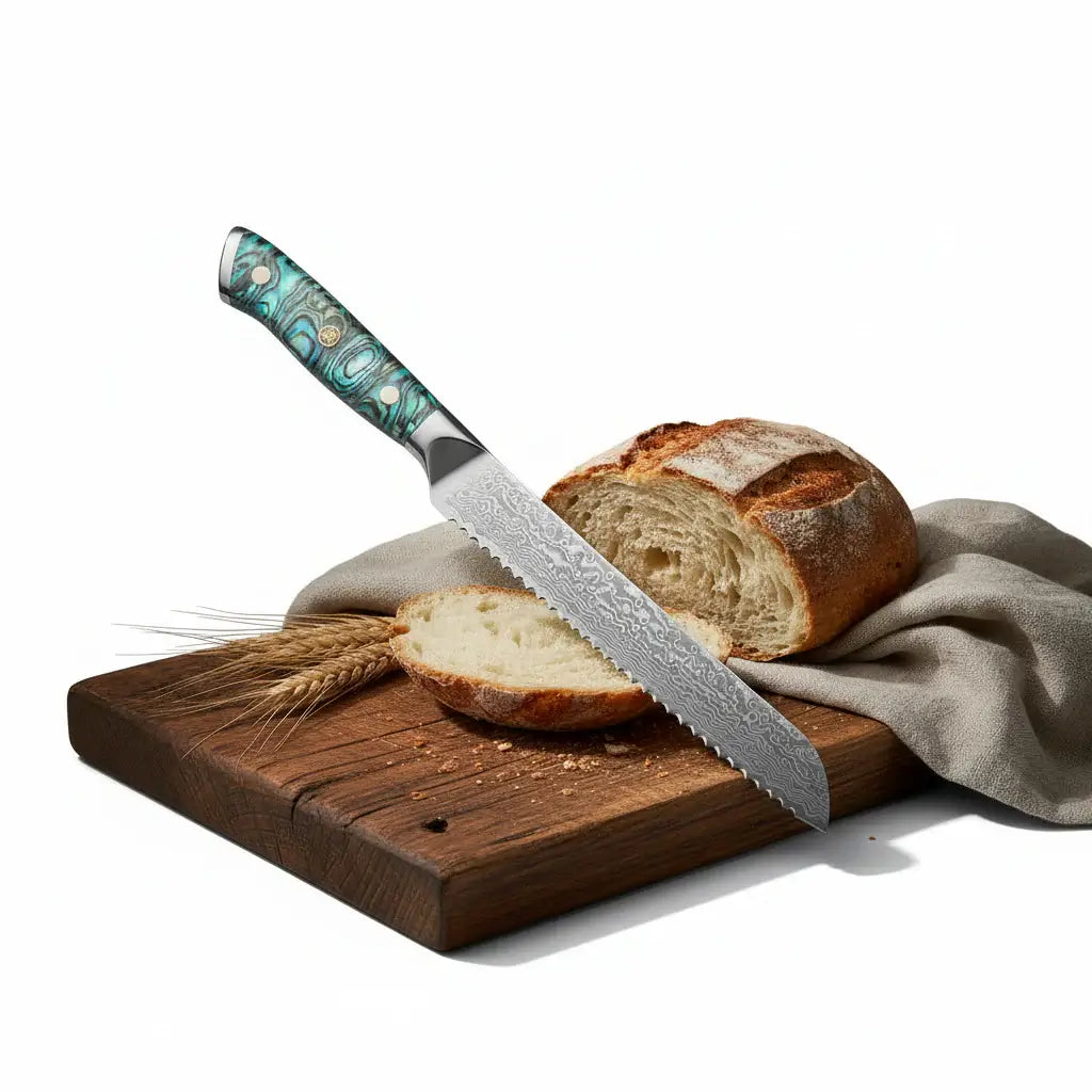 8 Inch Damascus Bread Knife 67-Layer Steel, Abalone Shell Handle - Hadi Craft