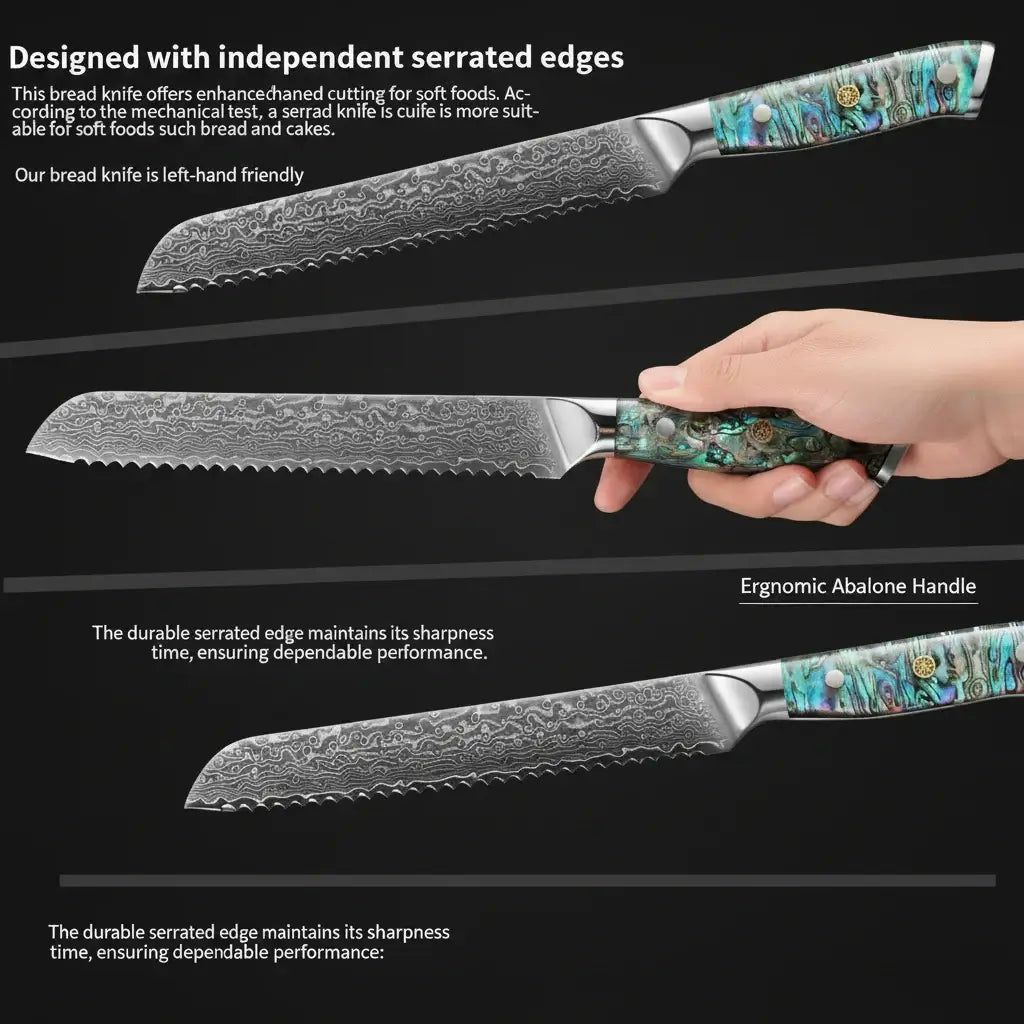 8 Inch Damascus Bread Knife 67-Layer Steel, Abalone Shell Handle - Hadi Craft