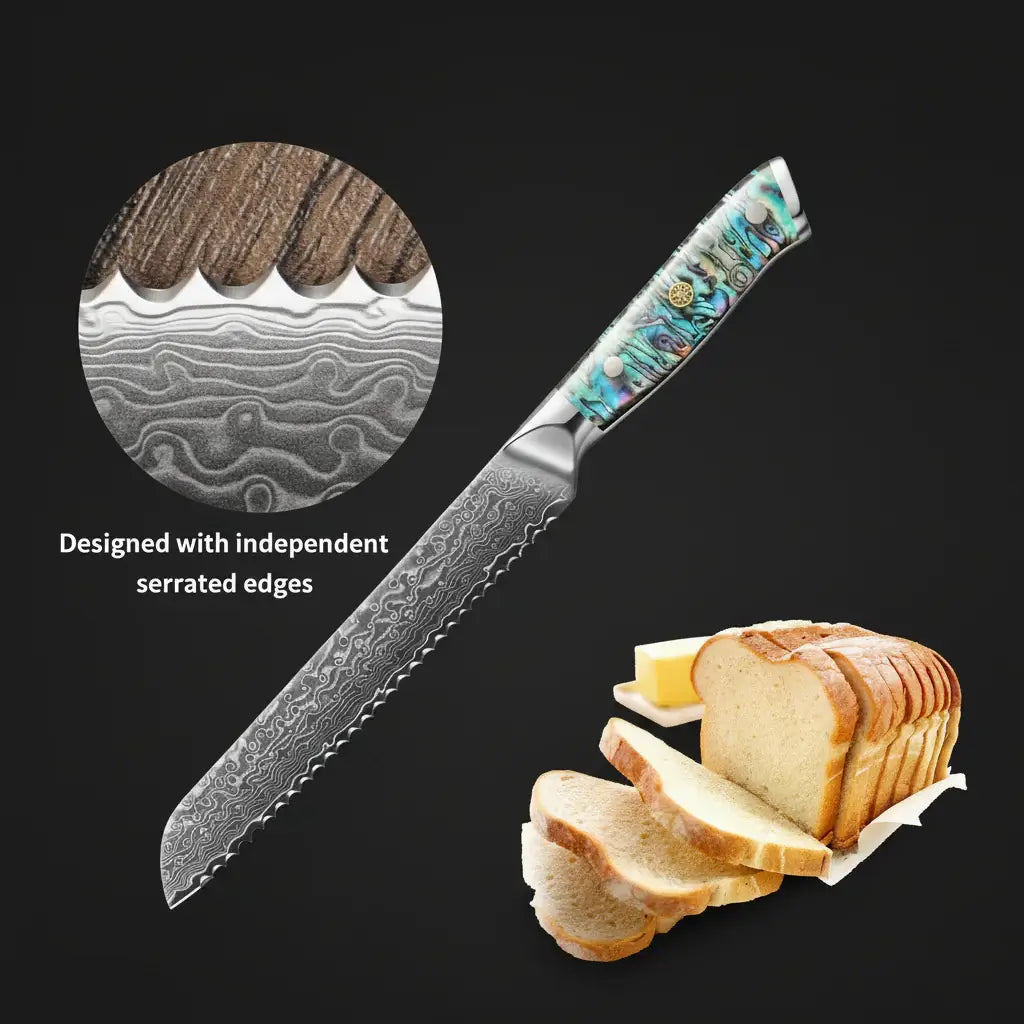 8 Inch Damascus Bread Knife 67-Layer Steel, Abalone Shell Handle - Hadi Craft