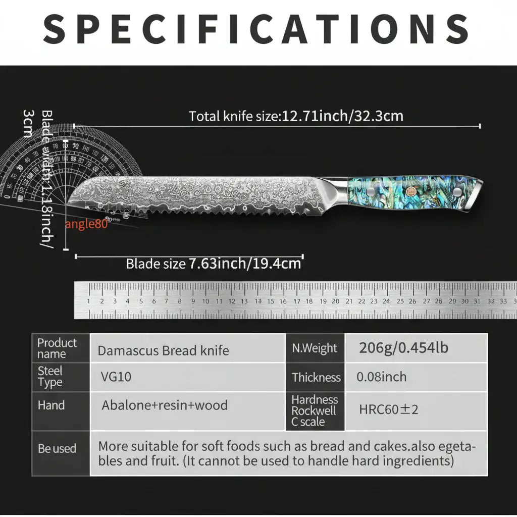 8 Inch Damascus Bread Knife 67-Layer Steel, Abalone Shell Handle - Hadi Craft