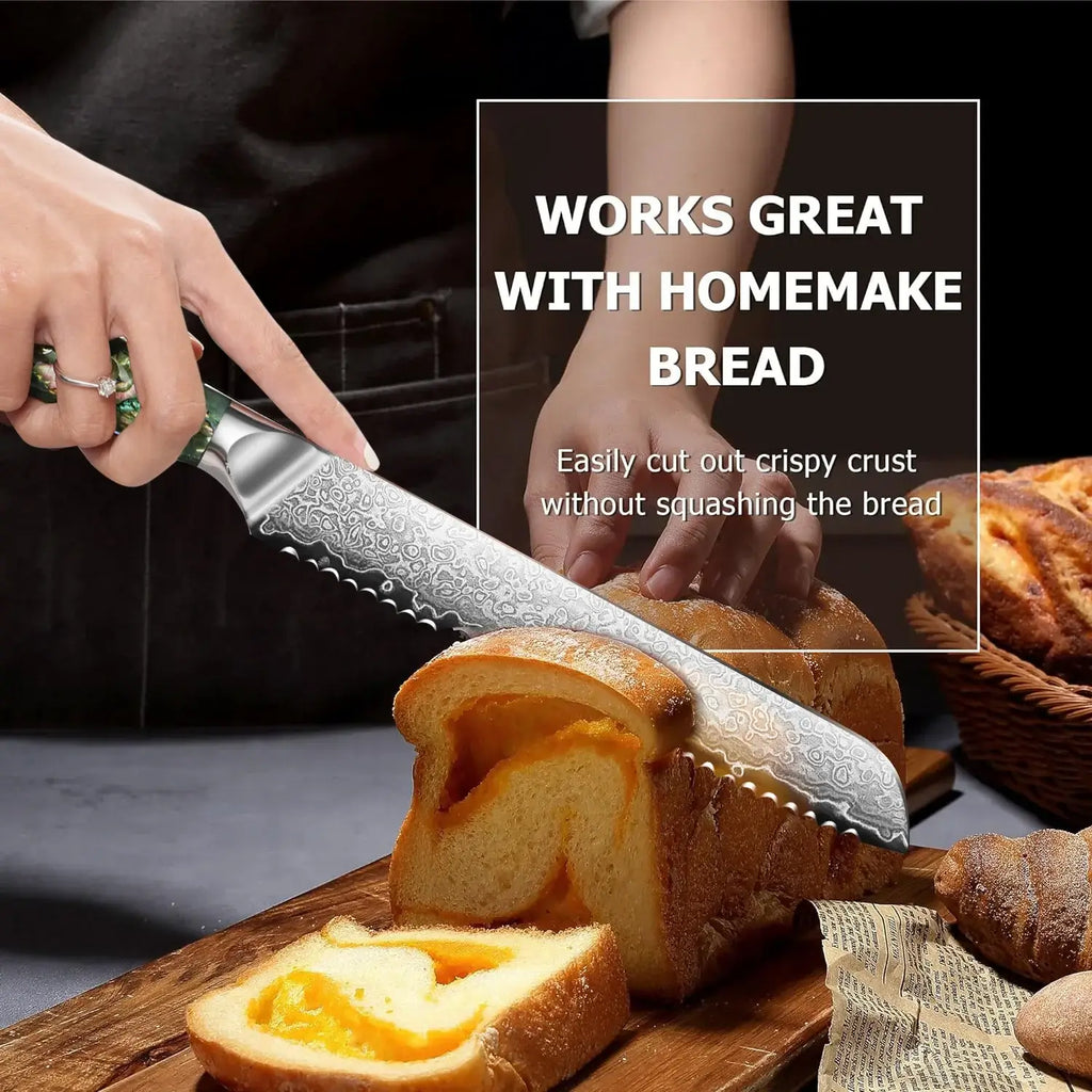 8 Inch Damascus Bread Knife 67-Layer Steel, Abalone Shell Handle - Hadi Craft
