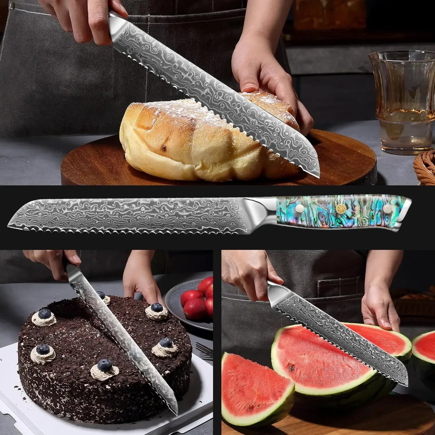 8 Inch Damascus Bread Knife 67-Layer Steel, Abalone Shell Handle - Hadi Craft