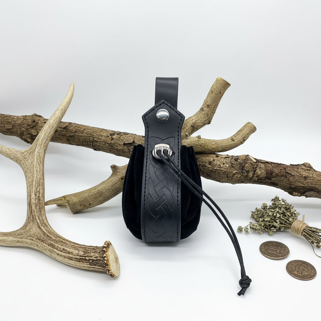 Medieval Viking Leather Sling Bag – Nordic Embossed Coin Purse for Men