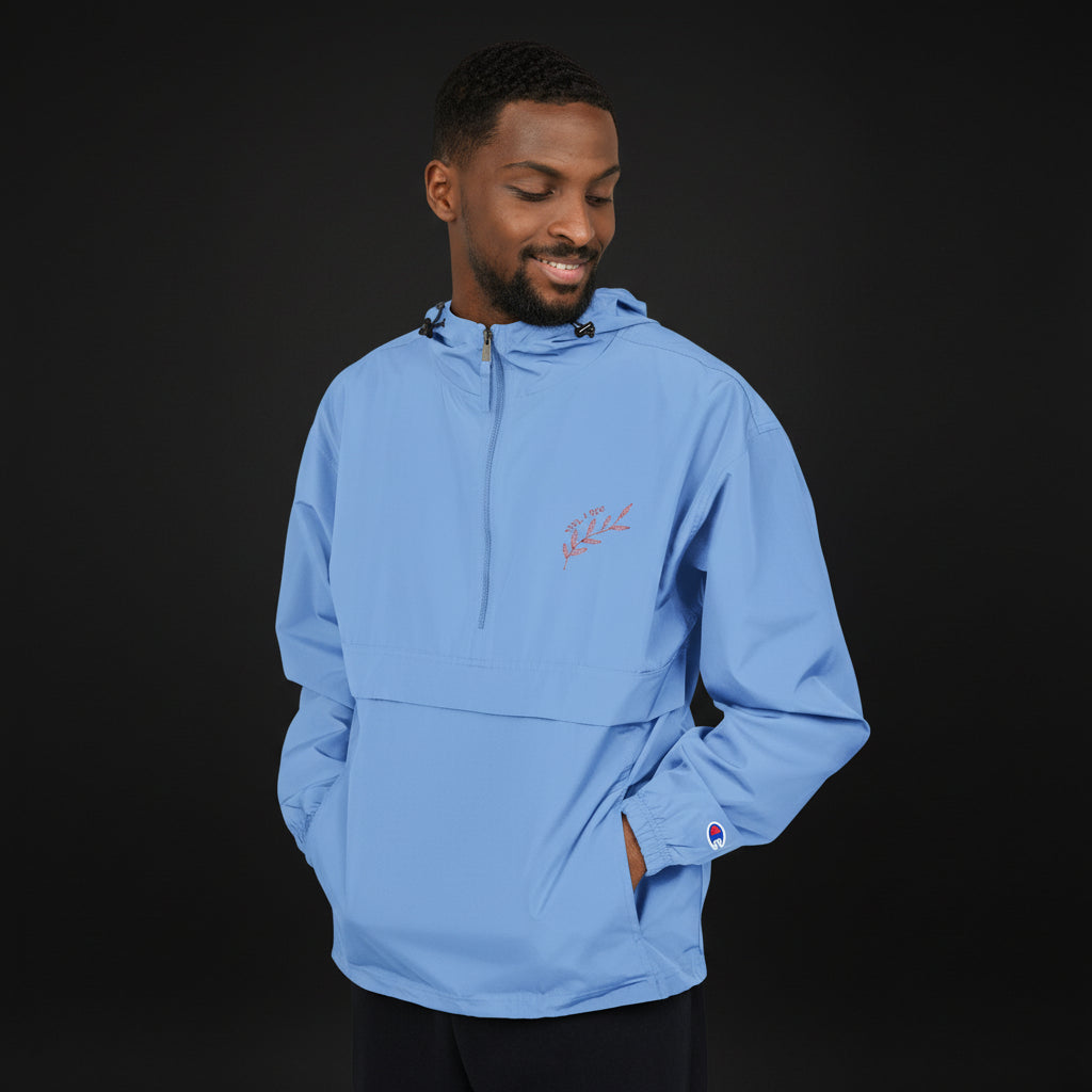 Light Blue Packable Anorak Jacket — Champion Floral Swoosh Windbreaker