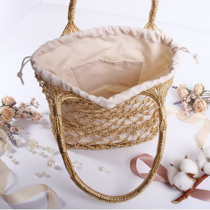 Gold Silver Color Hollow Portable Straw Weaved Bag Hand Carrying Woven Bag