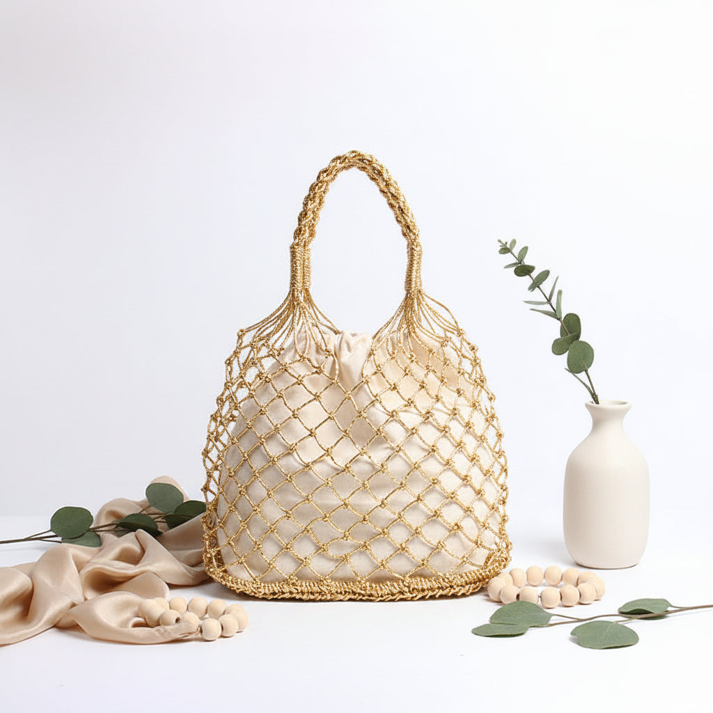 Gold Silver Color Hollow Portable Straw Weaved Bag Hand Carrying Woven Bag