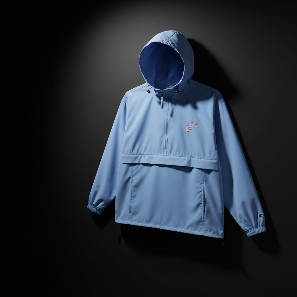 Light Blue Packable Anorak Jacket — Champion Floral Swoosh Windbreaker
