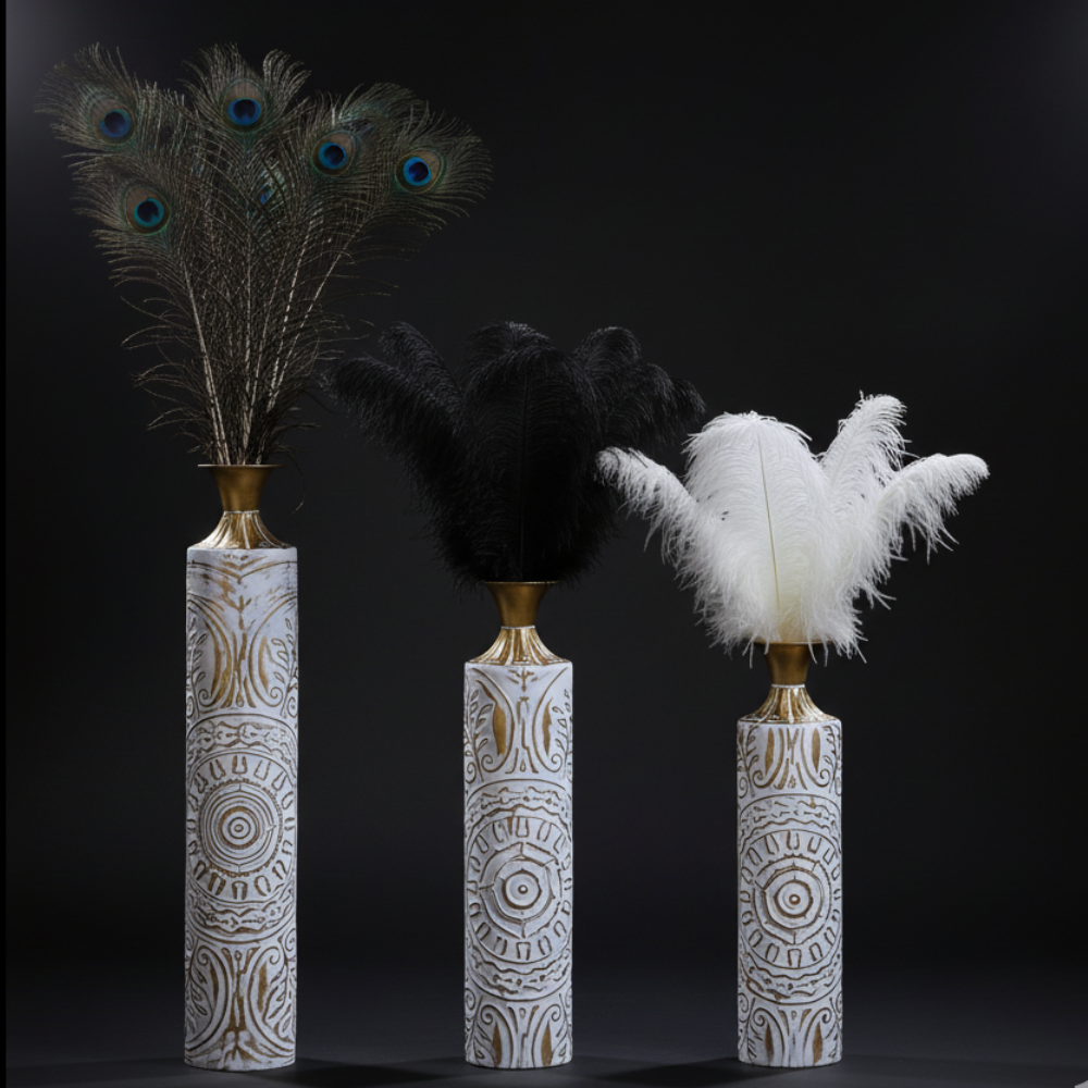 Set of 3 White & Gold Distressed Metal Floor Vases Embossed Mandala Pattern Boho Rustic Decor for Room