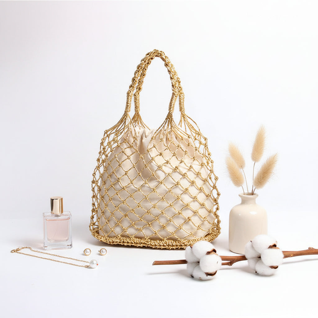 Gold Silver Color Hollow Portable Straw Weaved Bag Hand Carrying Woven Bag
