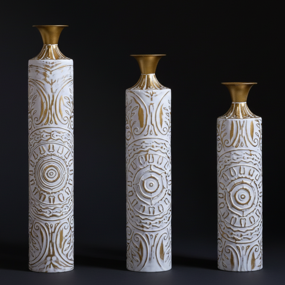 Set of 3 White & Gold Distressed Metal Floor Vases Embossed Mandala Pattern Boho Rustic Decor for Room