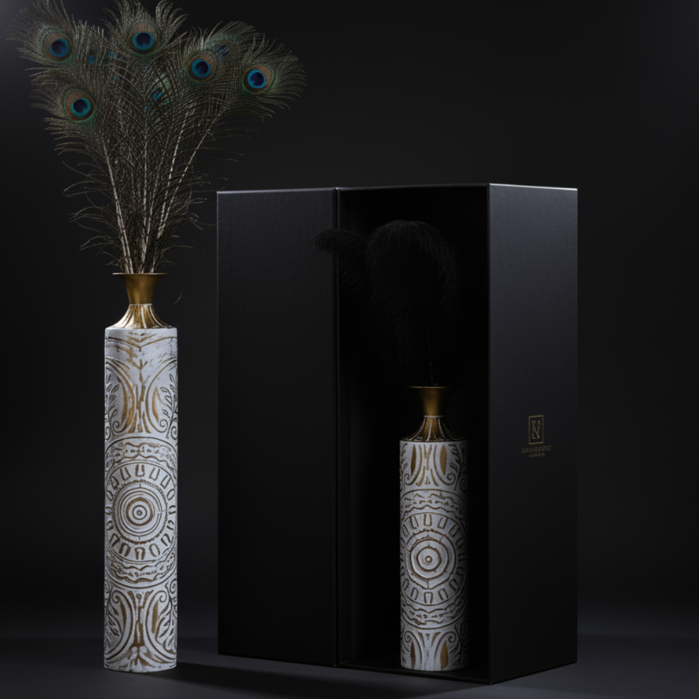 Set of 3 White & Gold Distressed Metal Floor Vases Embossed Mandala Pattern Boho Rustic Decor for Room