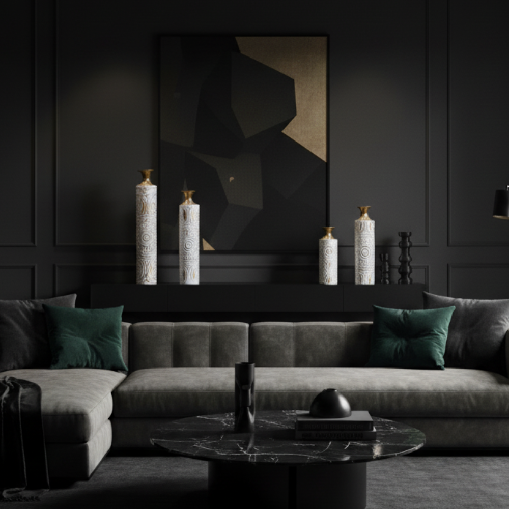 Set of 3 White & Gold Distressed Metal Floor Vases Embossed Mandala Pattern Boho Rustic Decor for Room