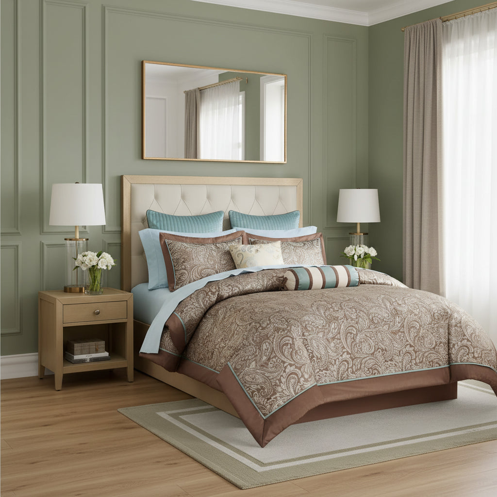 Comforter Set with Cotton Bed Sheets Blue/Brown Queen, 12 Piece