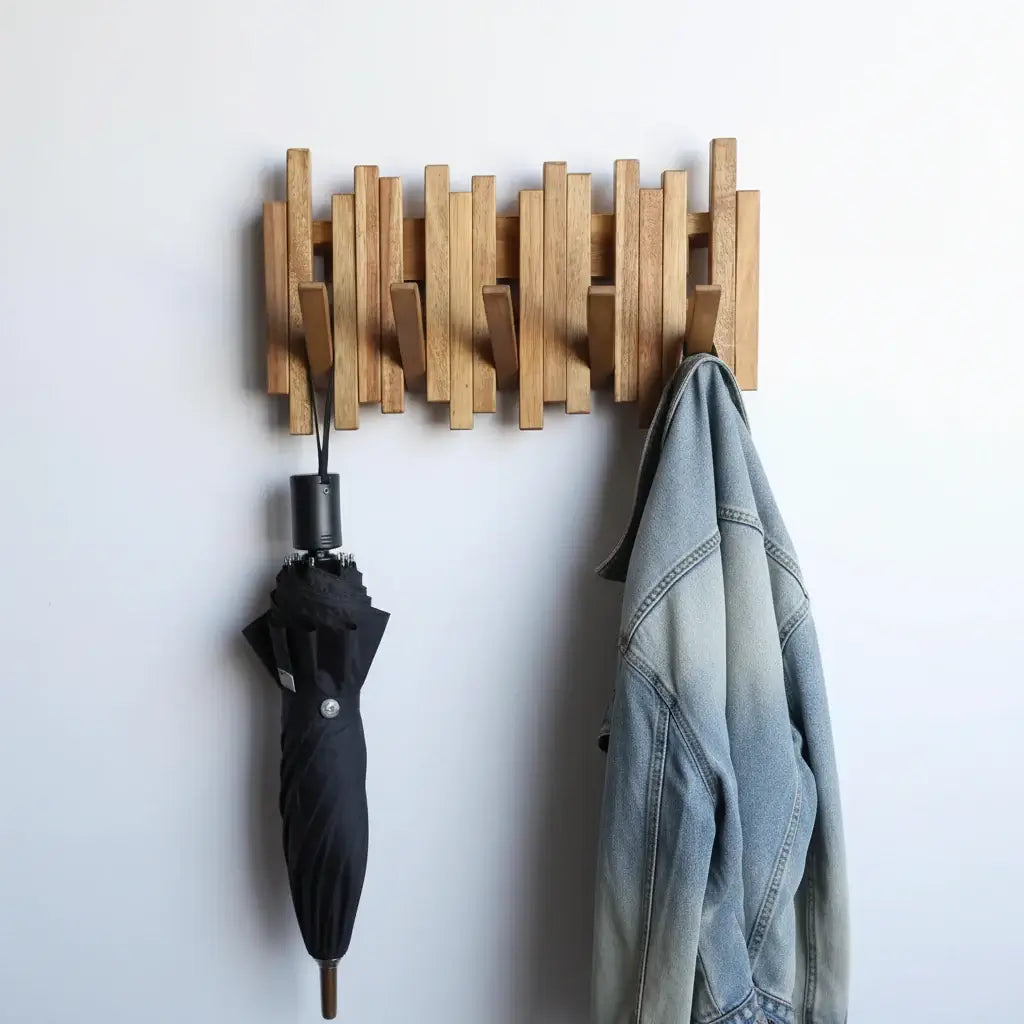 Acacia wood coat rack Wall Mounted with Flip Down Hooks, Entryway - Hadi Craft