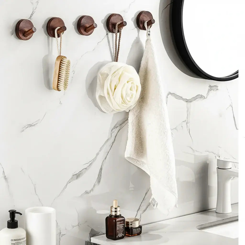 Adhesive Wooden Coat Hooks Wall Hooks 4 Pack, Seamless Hooks - Hadi Craft