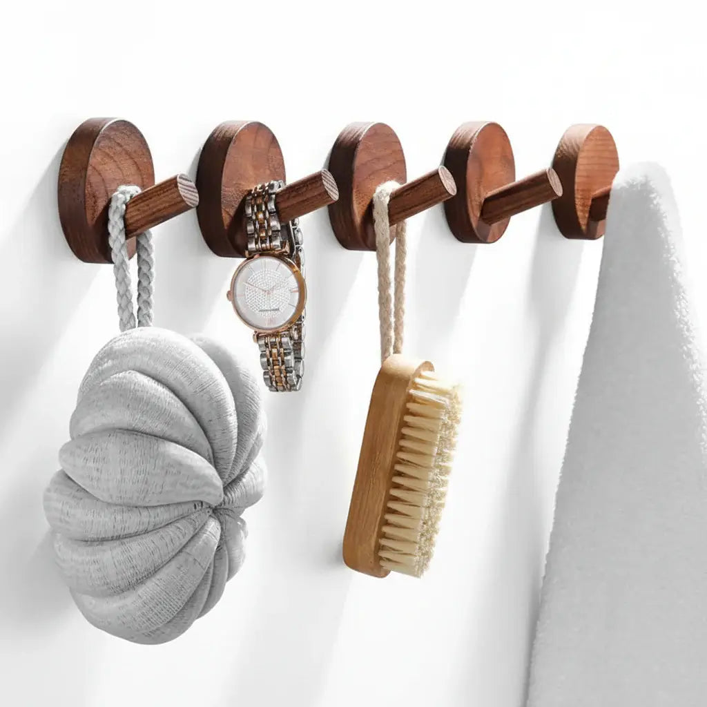 Adhesive Wooden Coat Hooks Wall Hooks 4 Pack, Seamless Hooks - Hadi Craft