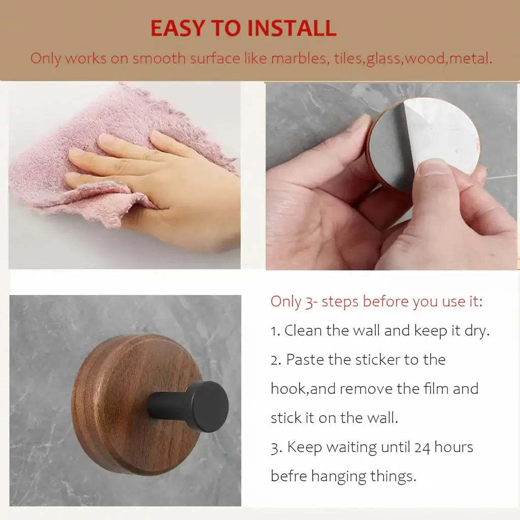 Adhesive Wooden Coat Hooks Wall Hooks 4 Pack, Seamless Hooks - Hadi Craft