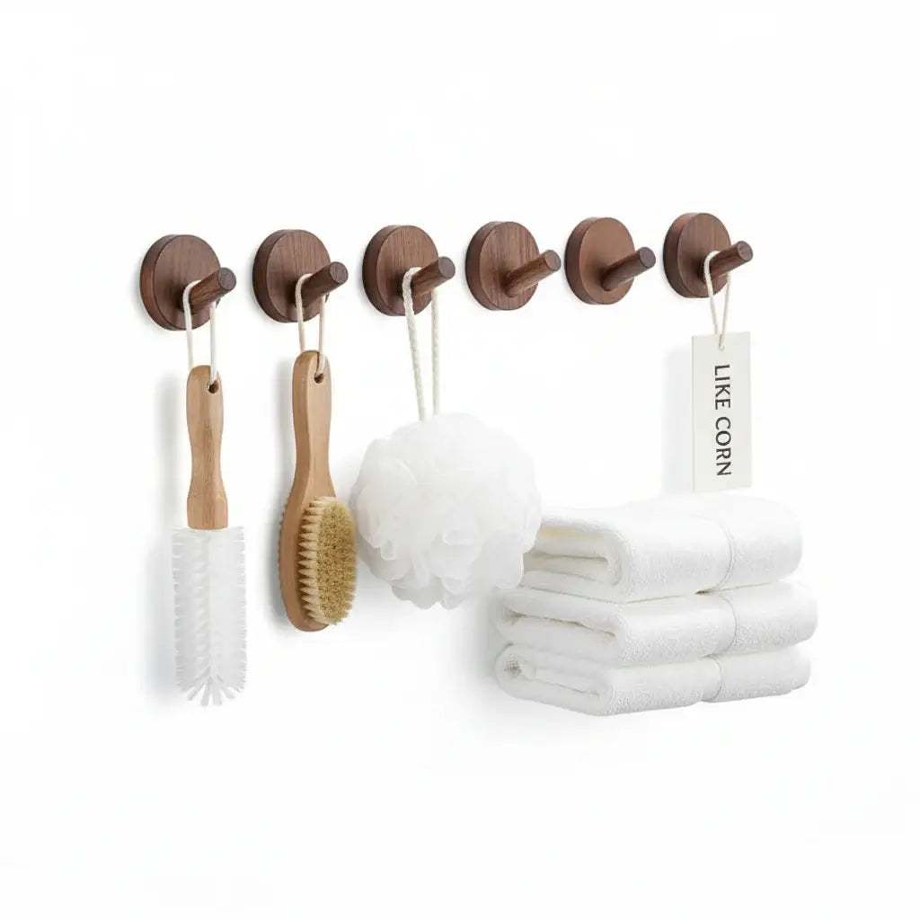 Adhesive Wooden Coat Hooks Wall Hooks 4 Pack, Seamless Hooks - Hadi Craft