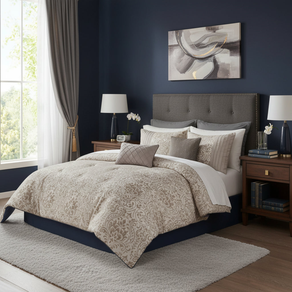 Jacquard Comforter Set with Bed Sheets Khaki Queen 12 Pieces