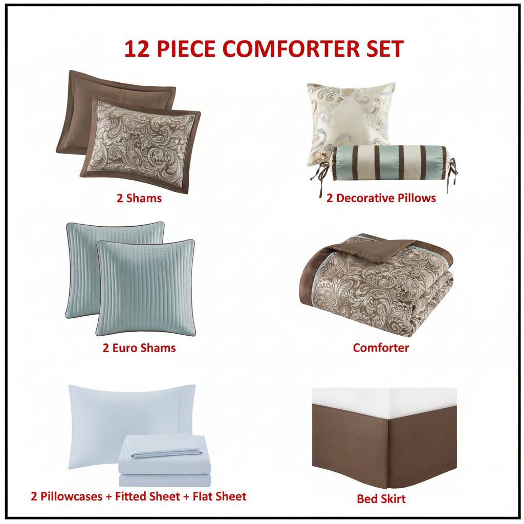 Comforter Set with Cotton Bed Sheets Blue/Brown Queen, 12 Piece