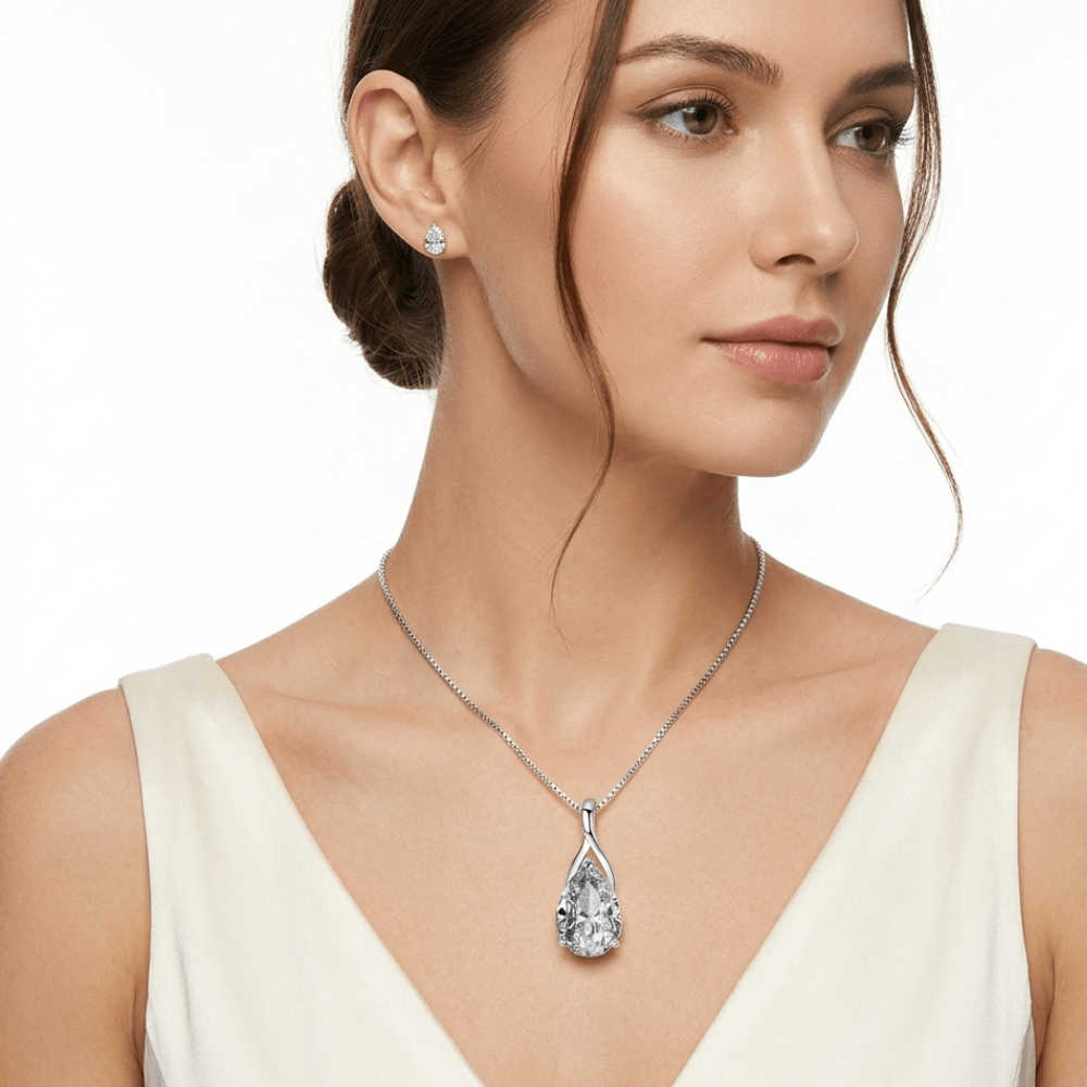 Angel Tears Drop Pendant Necklace – Silver Plated Diamond Look Clavicle Jewelry for Women - Hadi Craft