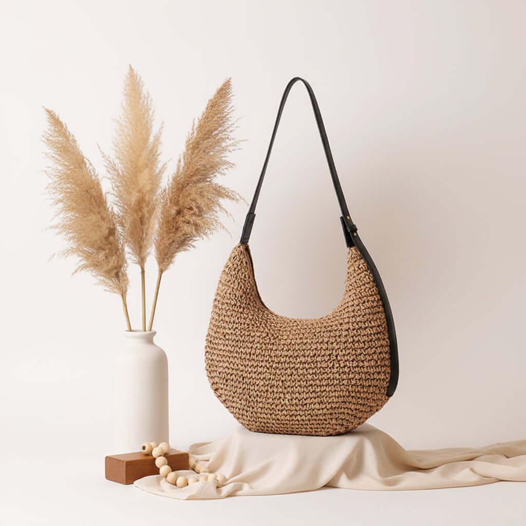 Asymmetric Straw Shoulder Bag Woven Bag Solid Color - Hadi Craft