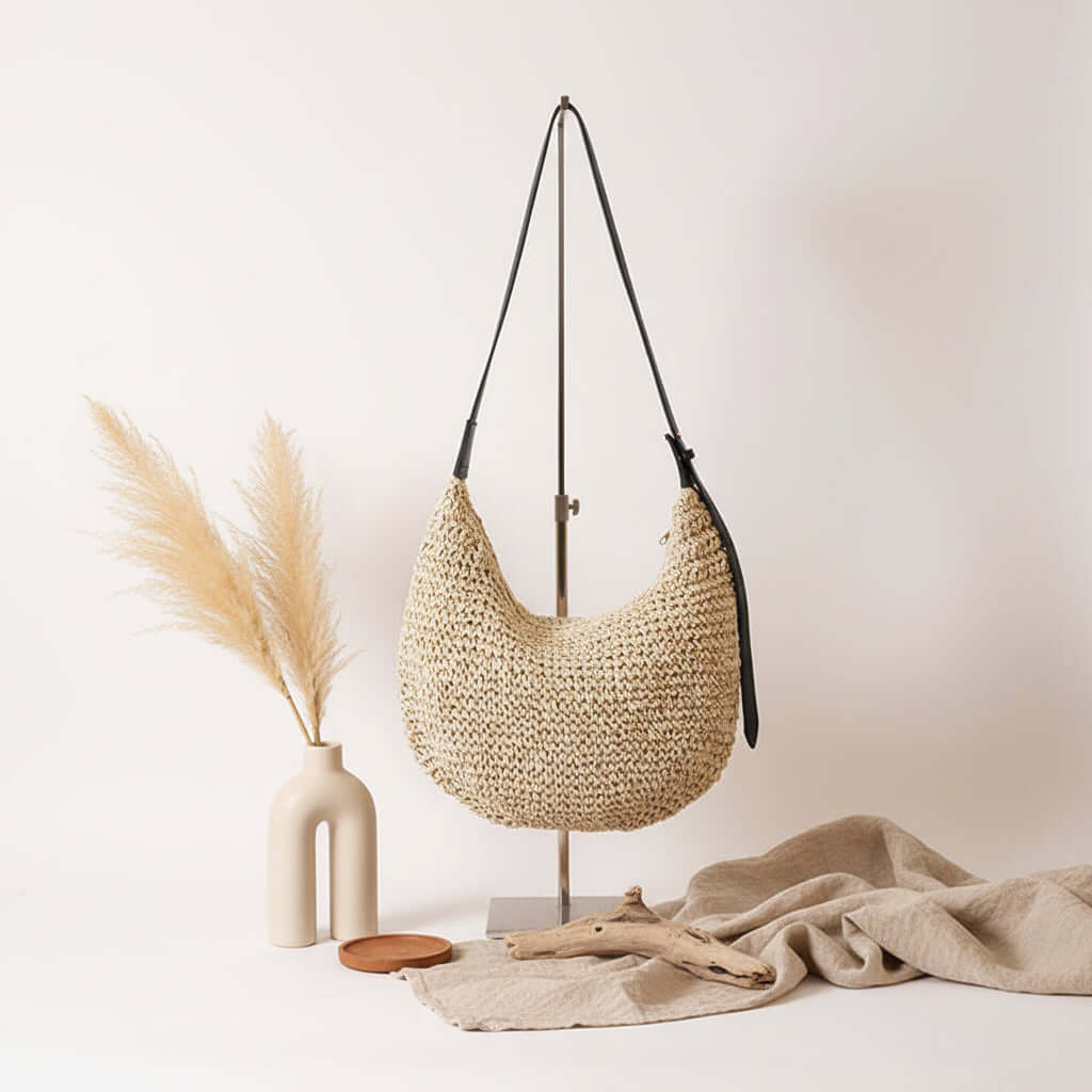 Asymmetric Straw Shoulder Bag Woven Bag Solid Color - Hadi Craft