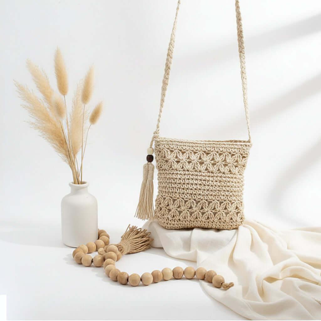 Beaded tassel straw crossbody bag floral - Hadi Craft