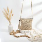 Beaded tassel straw crossbody bag floral - Hadi Craft
