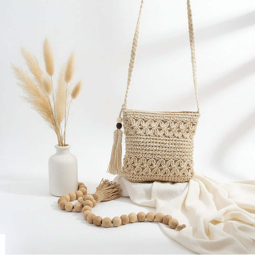 Beaded tassel straw crossbody bag floral - Hadi Craft