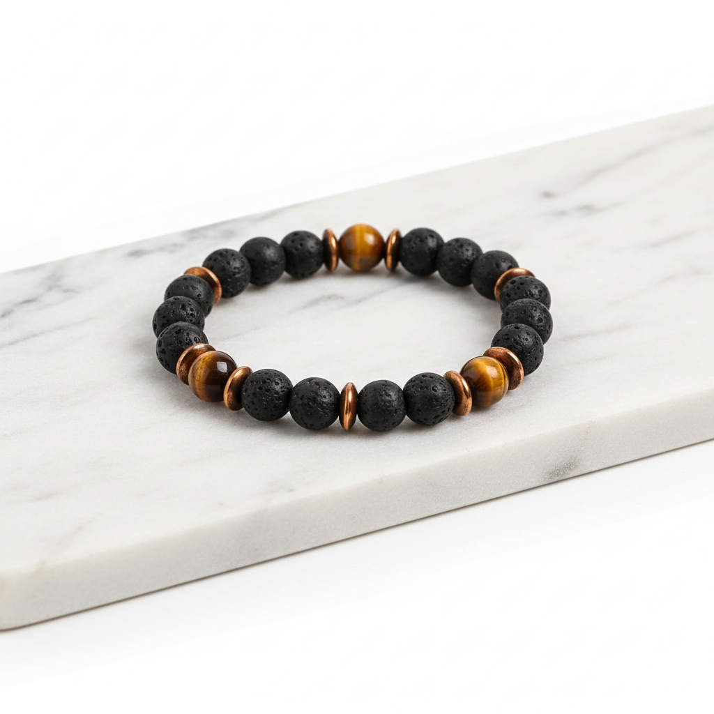 Black Lava and Tiger eye stone Bead Bracelet - Hadi Craft