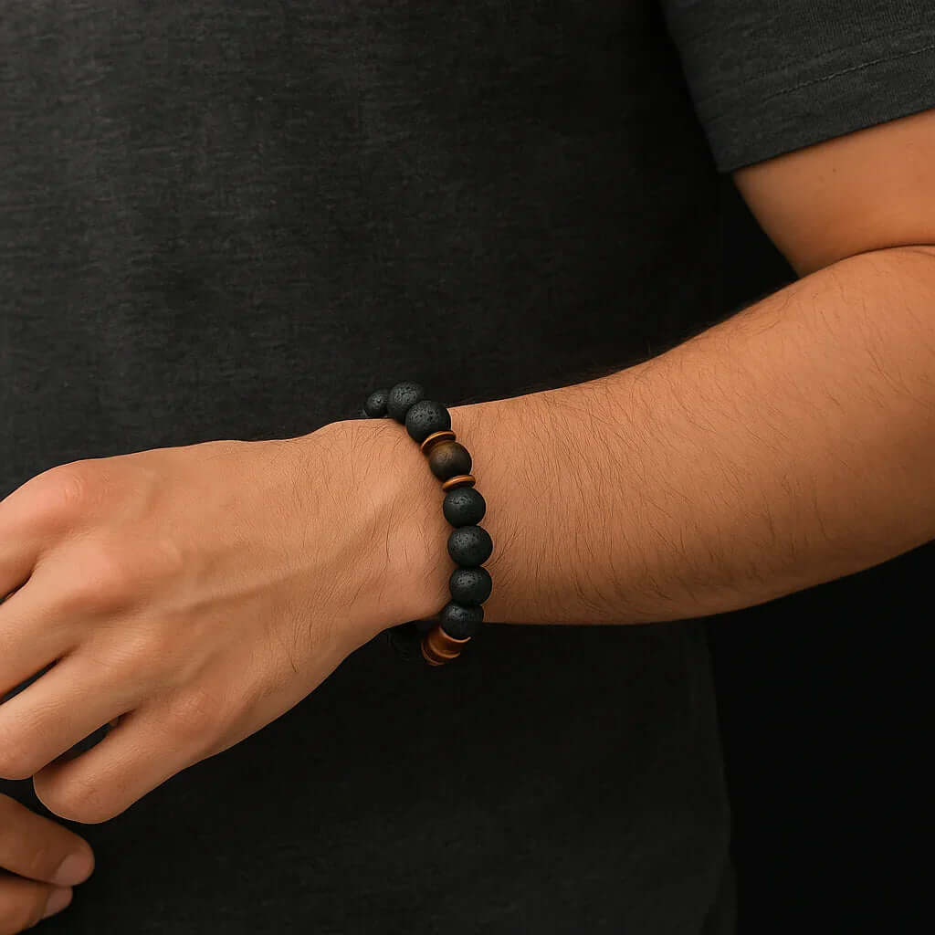 Black Lava and Tiger eye stone Bead Bracelet - Hadi Craft