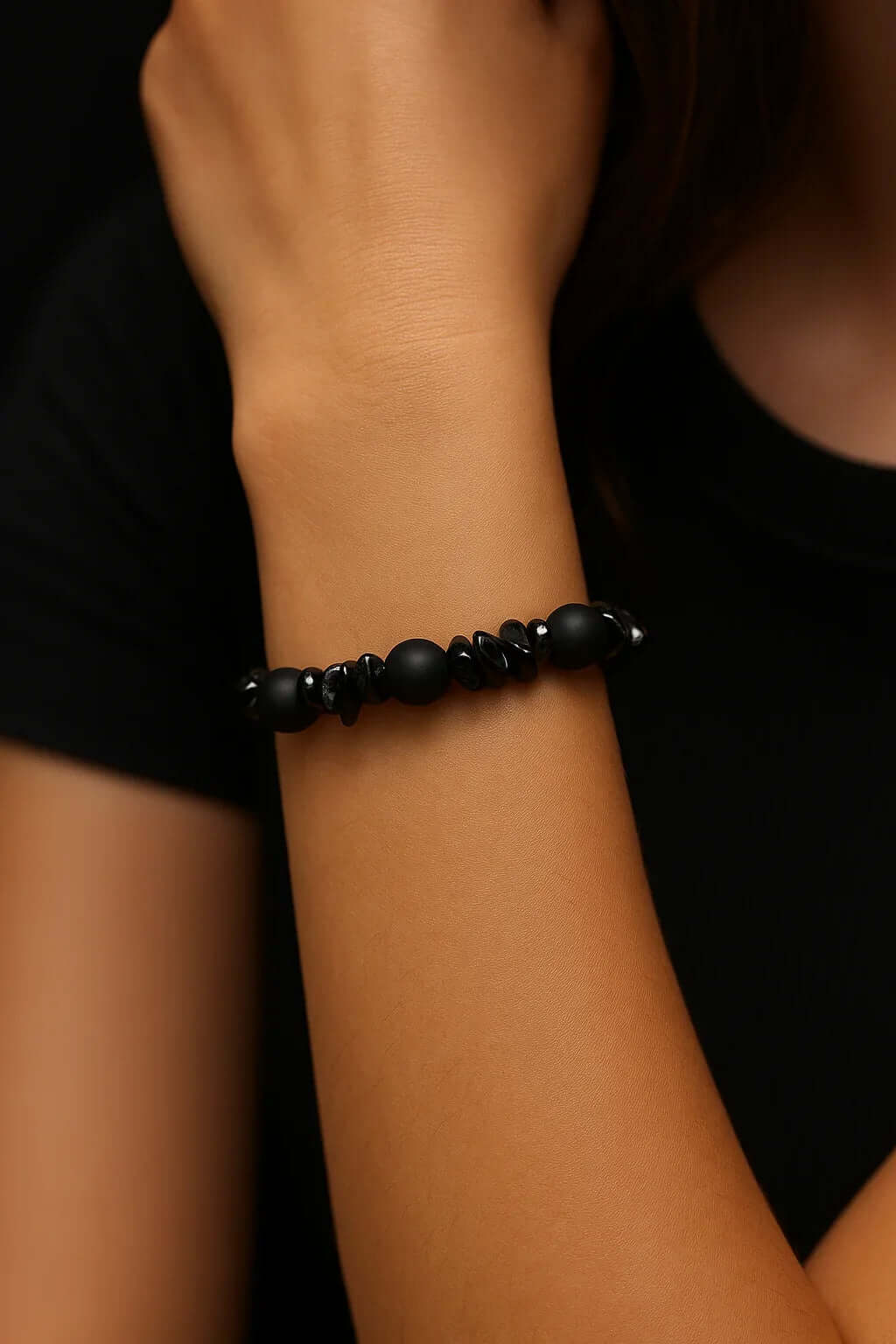 Black Onyx and black chip stone Bead Bracelet - Hadi Craft