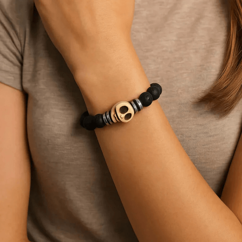 Black lava skull stone bracelet natural - Hadi Craft