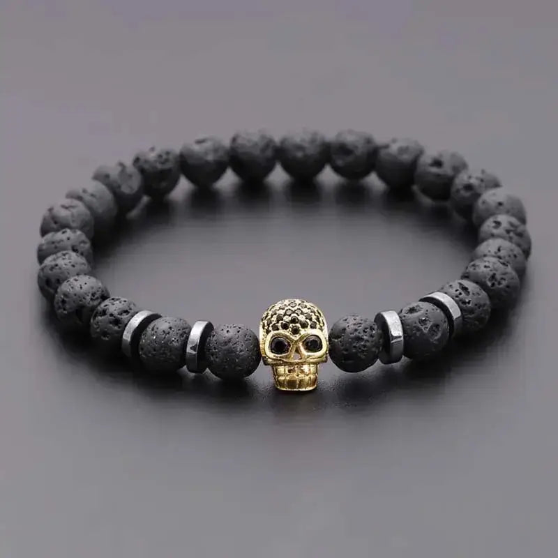 Black lava skull stone bracelet natural - Hadi Craft