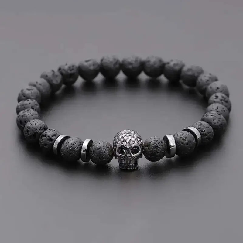 Black lava skull stone bracelet natural - Hadi Craft