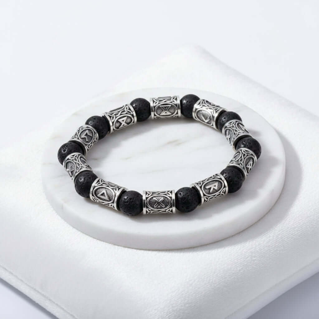 Black lava stone rune bracelet with Asgard Crafted Silver Rune - Hadi Craft