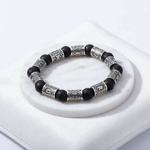 Black lava stone rune bracelet with Asgard Crafted Silver Rune - Hadi Craft