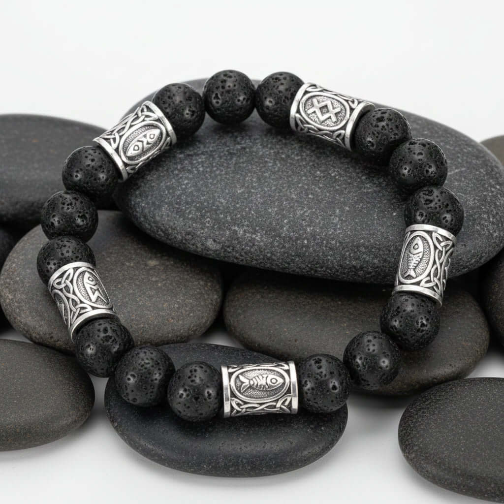 Black lava stone rune bracelet with Asgard Crafted Silver Rune - Hadi Craft