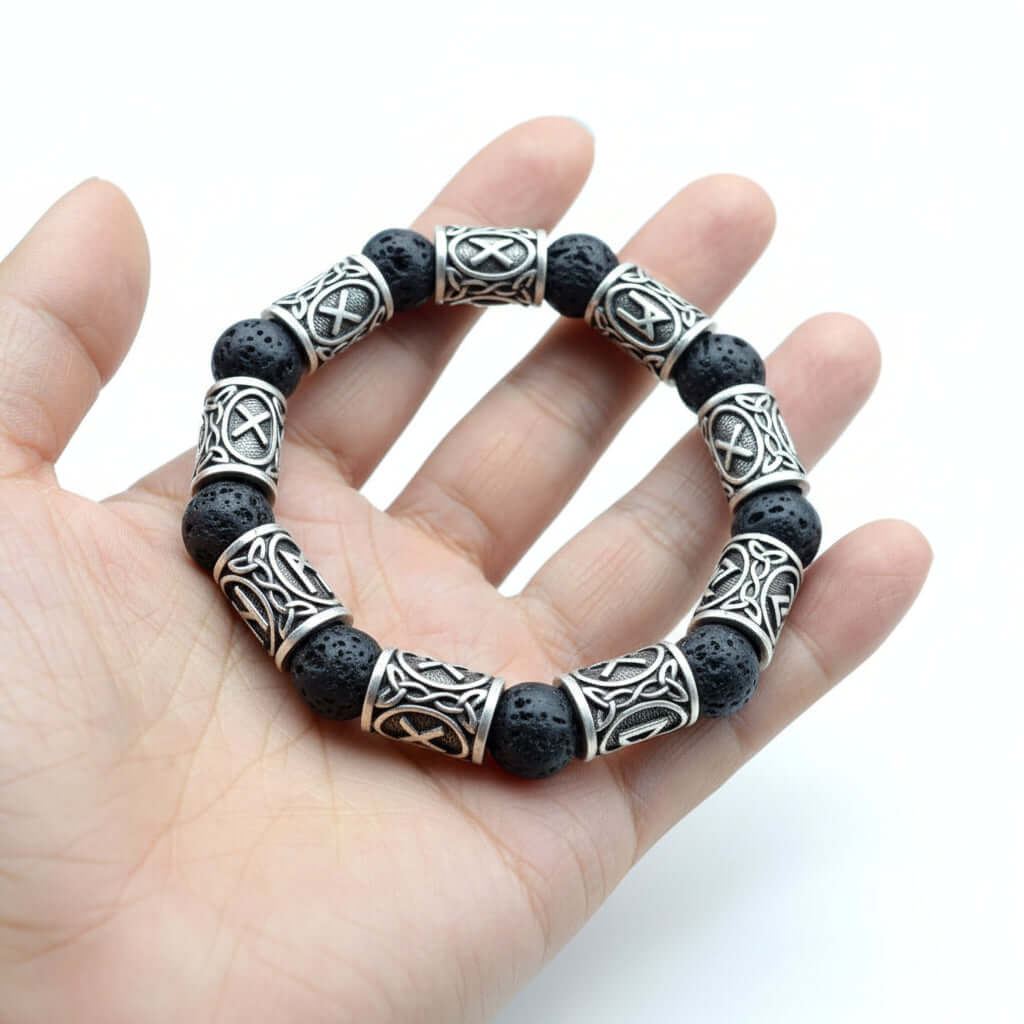 Black lava stone rune bracelet with Asgard Crafted Silver Rune - Hadi Craft