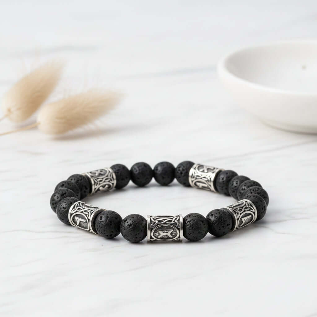 Black lava stone rune bracelet with Asgard Crafted Silver Rune - Hadi Craft