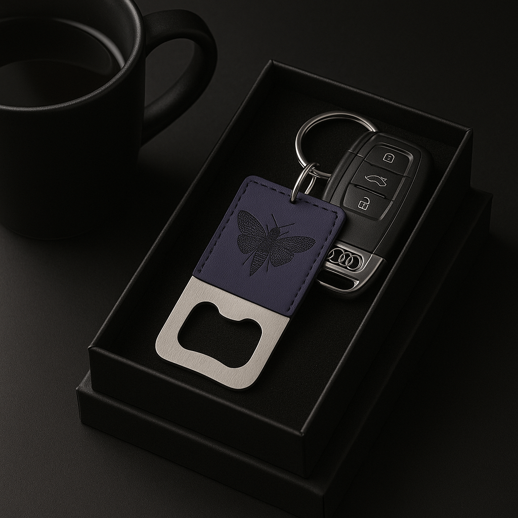 Blue Leather Keychain with Bottle opener customize laser engraving - Hadi Craft