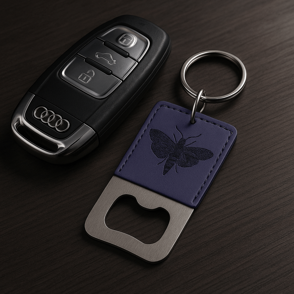 Blue Leather Keychain with Bottle opener customize laser engraving - Hadi Craft