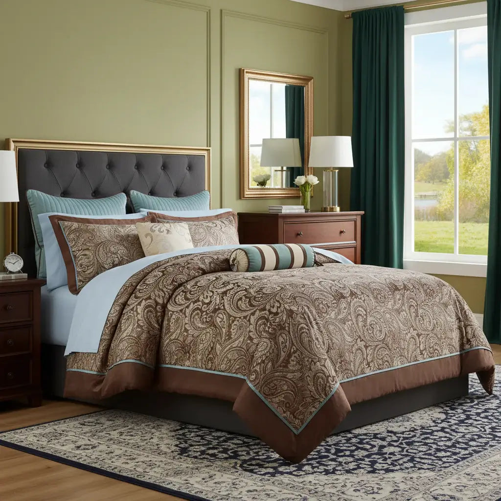 Blue and brown queen comforter set with sheets Queen, 12 Piece - Hadi Craft