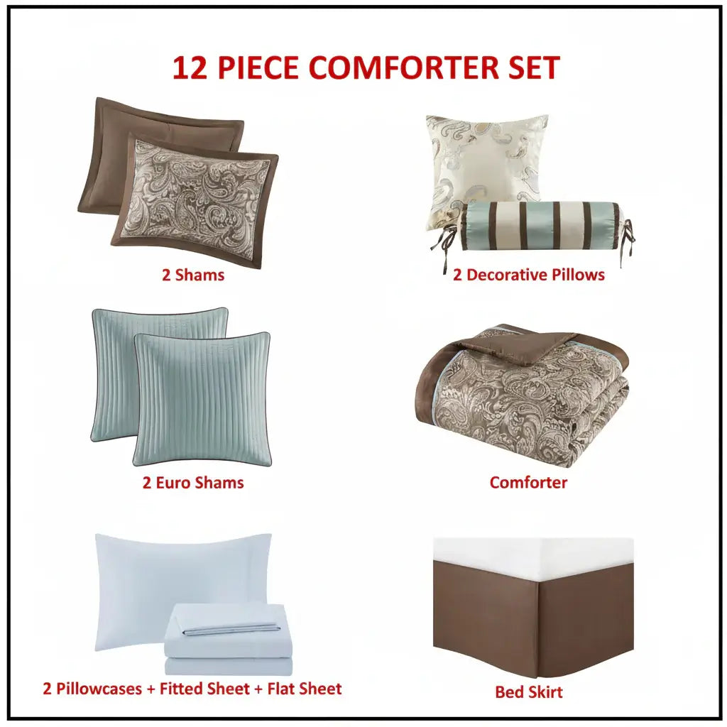 Blue and brown queen comforter set with sheets Queen, 12 Piece - Hadi Craft